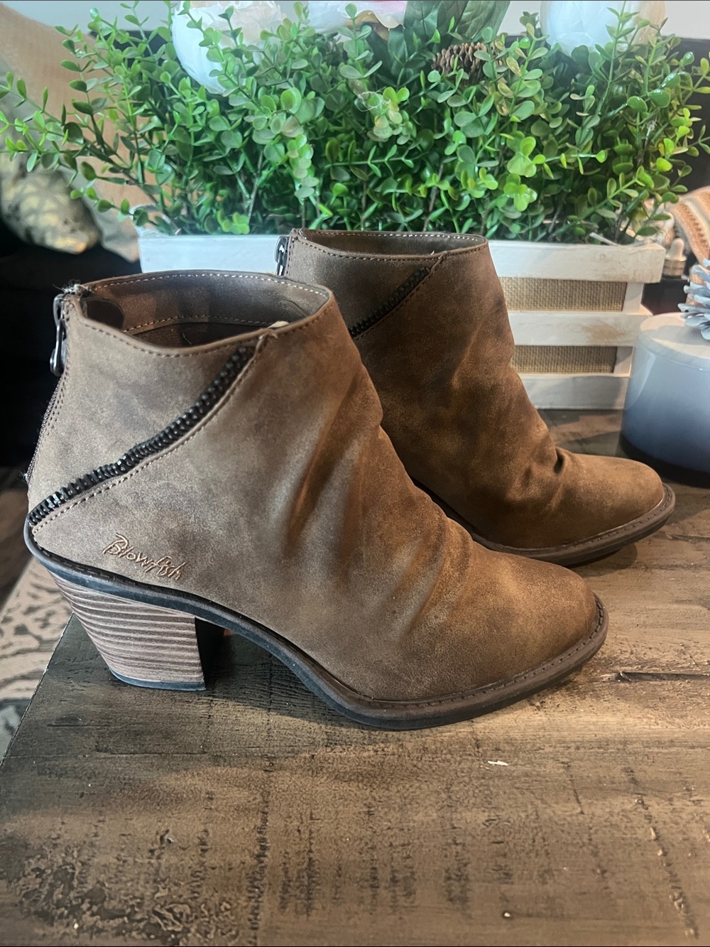 Blowfish Brown Suede Ankle Booties with Low Stacked Heel